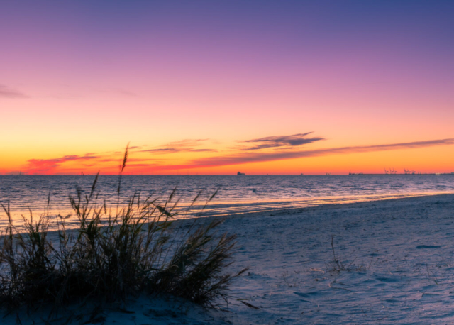 Foto eines Sonnenaufgang am Meer. Im Vordergrund ist ein Büschel Dünengras.